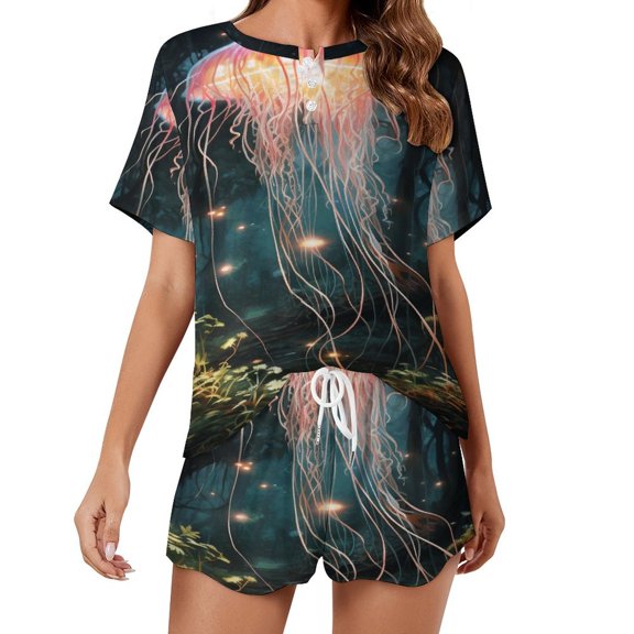 Jellyfish Ocean Style Pajamas Set Womens Loungewear Sleepwear 2 Piece PJ Sets