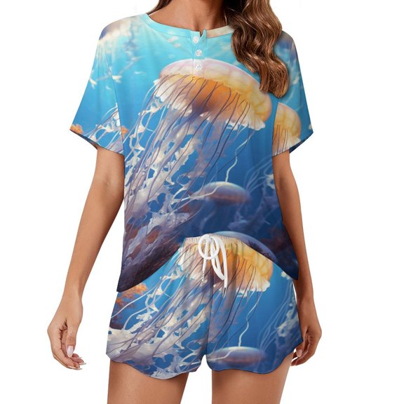 Jellyfish Ocean Style Print Women'S Pajamas Set Summer Sleepwear Sets 2 Piece Lounge Set