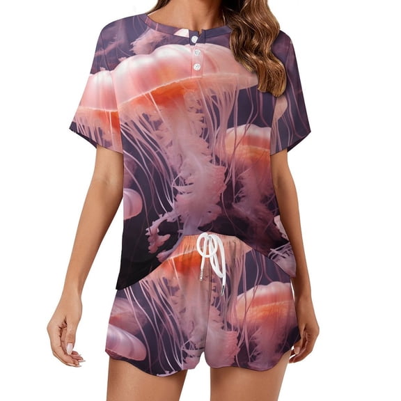 Jellyfish Ocean Style Print Women'S Pajamas Set Summer Sleepwear Sets 2 Piece Lounge Set
