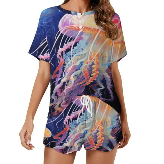 Jellyfish Ocean Style Print Women'S Pajamas Set Summer Sleepwear Sets 2 Piece Lounge Set