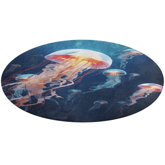 Jellyfish Ocean Style Soft Bedroom Round Area Rug, Washable Cute Nursery Circle Throw Mat, Non-Slip Contemporary Small Low Pile Floor Carpet for Dorm Bedside