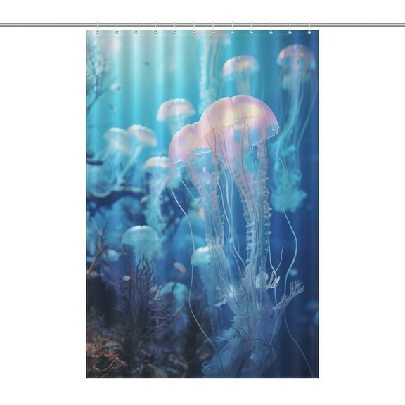 Jellyfish Ocean Style Waterproof Polyester Quick-Drying Shower Curtain for Bathroom with 12 Hooks