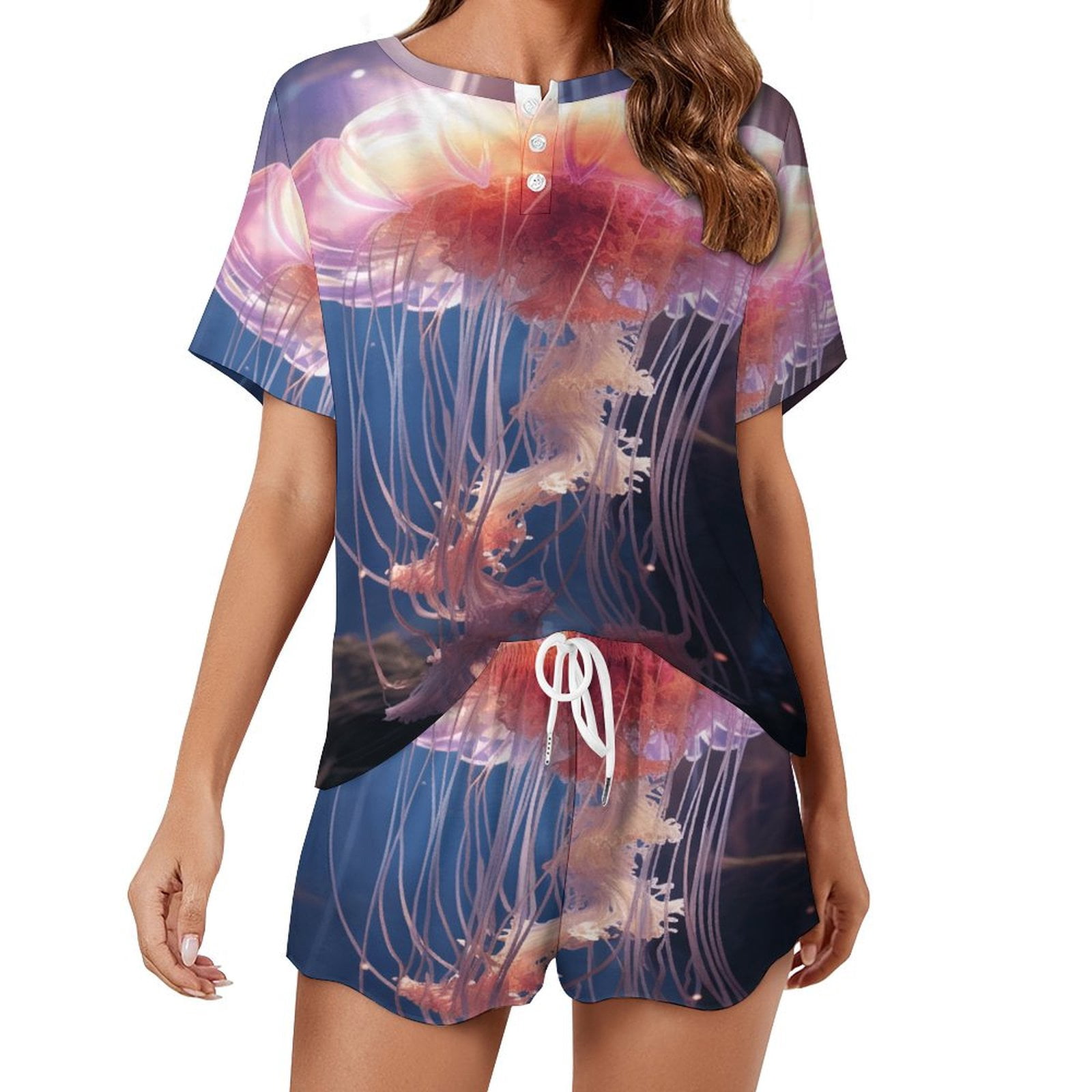 Short Sleeve Ruffled Printed Jammies - Pink Whales main image 0