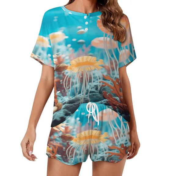 Jellyfish Ocean Style Women's Ruffle Short Sleeve Tops And Shorts Cute Peeps Bunny Pajamas Sets