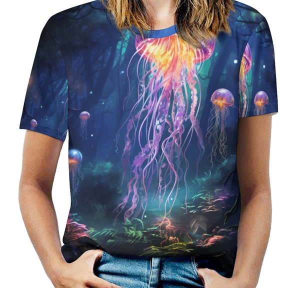 Jellyfish Ocean Style Women's Short Sleeve T-Shirt Crew Neck Casual Summer Trendy Loose Fit Tops