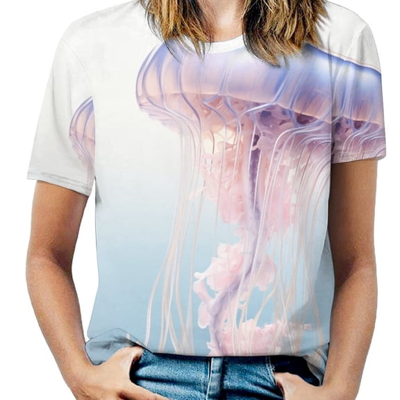 Jellyfish Ocean Style Womens Tops Women's Fashion Casual Short Sleeve Flower Print Round Neck Pullover Top Blouse