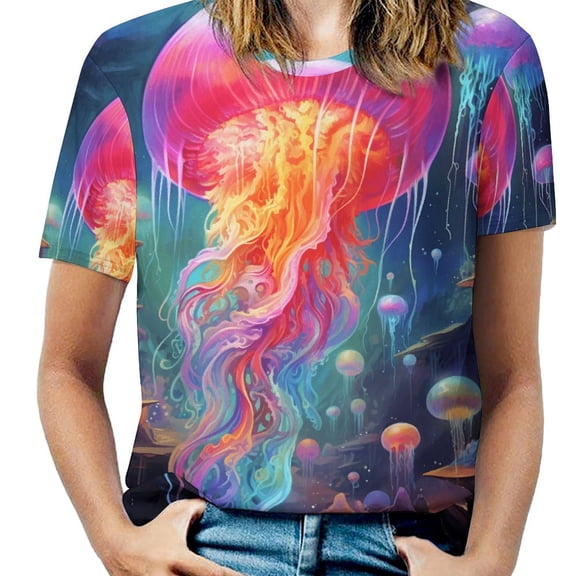 Jellyfish Ocean Style Womens Tops Women's Fashion Casual Short Sleeve Flower Print Round Neck Pullover Top Blouse