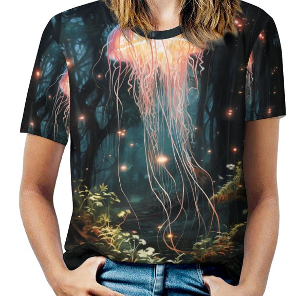 Jellyfish Ocean Style Womens Tops Women's Fashion Casual Short Sleeve Flower Print Round Neck Pullover Top Blouse