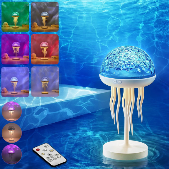 Jellyfish Ocean Wave Projector Night Light, 7-Color Water Ripple Lamp with Dancing Tentacles, Rechargeable Ambient Light for Bedroom, Kids Room & Living Room, Gift for Teens & Adults
