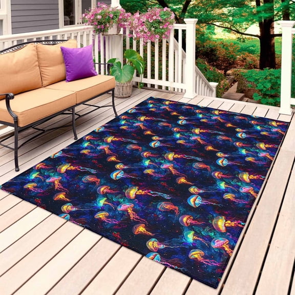 Jellyfish Outdoor Rug for Patio/Deck/Porch, Non-Slip Large Area Rug 5 x 8 Ft, Rainbow Ocean Coastal Animal Dream Starry Sky Indoor Outdoor Rugs Washable Area Rugs, Camping Rug Carpet Runner