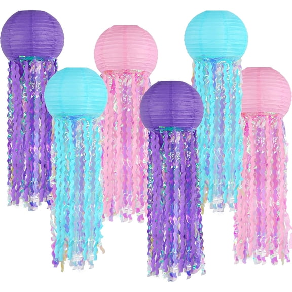 Jellyfish Paper Lanterns,Pink Blue Green Hanging Lantern for Under The Sea Party Decorations, Mermaid, Ocean Themed Birthday Party Decorations, Set of 6