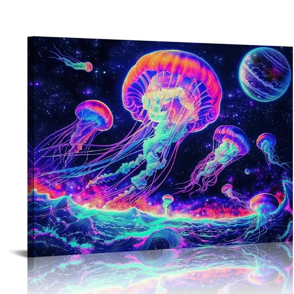 Jellyfish Planet Galaxy Art Modern Canvas Prints for Home Wall Decor Ready to Hang 16x12in