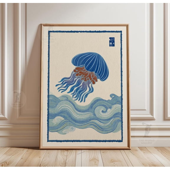 Jellyfish Poster Japanese Style Ocean Wave Art Coastal Blue Decor, Unframed Poster