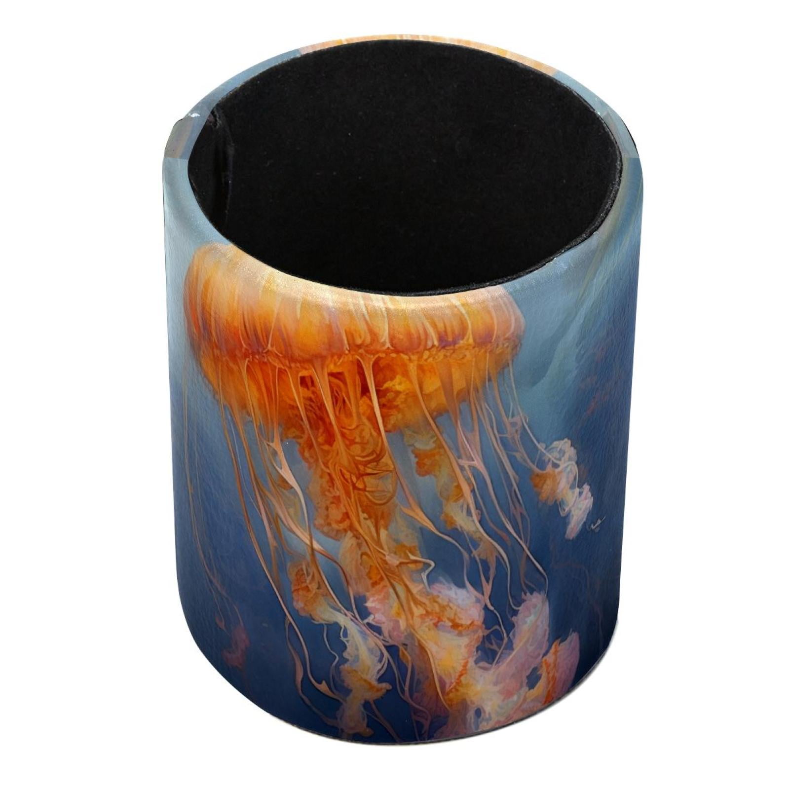Jellyfish Round Leather Pen Holder Cylinder Pencil Holder, Suitable for