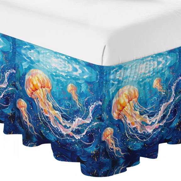 Jellyfish Ruffle Bed Skirt Queen Size Coastal Bubbles Dreamy Ocean Dynamic Adjustable Elastic Dust Bed Skirts Wrap Around Bedskirt Wrinkle Free Easy Fit with 16 Inch Drop