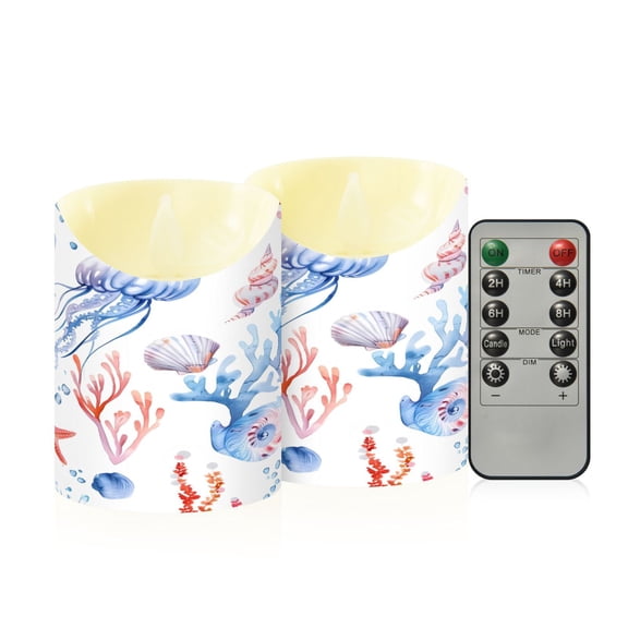Jellyfish Sea Horse Coral Shells Starfishes Flickering Flameless Candles with Remote Timer Battery Operated LED Tealight Set of 2 M