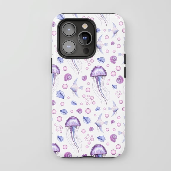 Jellyfish Seashell For All iPhone Series Tough Phone Case Watercolor Ocean White Purple Blue Pink