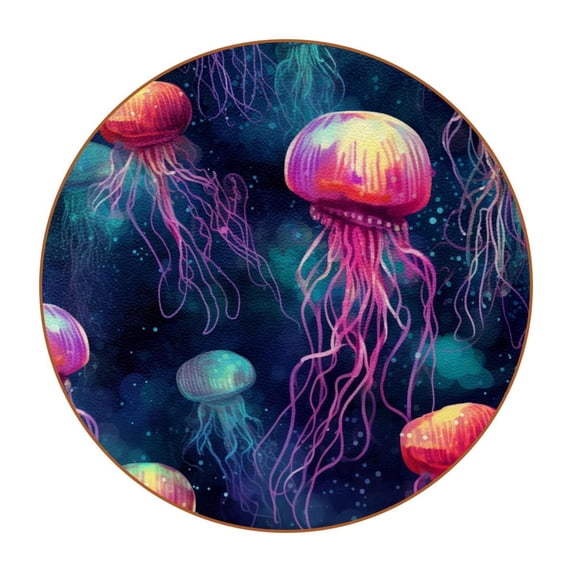 Jellyfish Set of 6 Round Microfiber Leather Coasters, 11x11 cm/4.3x4.3 in, Drink Coasters for Cups, Heat Absorbent Coasters for Drinks, Coaster Set for Home and Kitchen - Black