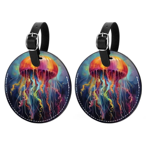 Jellyfish Set of 2pcs PU Leather Round Suitcase Tags with Privacy Cover and Name ID Tag - Ideal for Travel Luggage, Handbags, Backpacks, School Bags