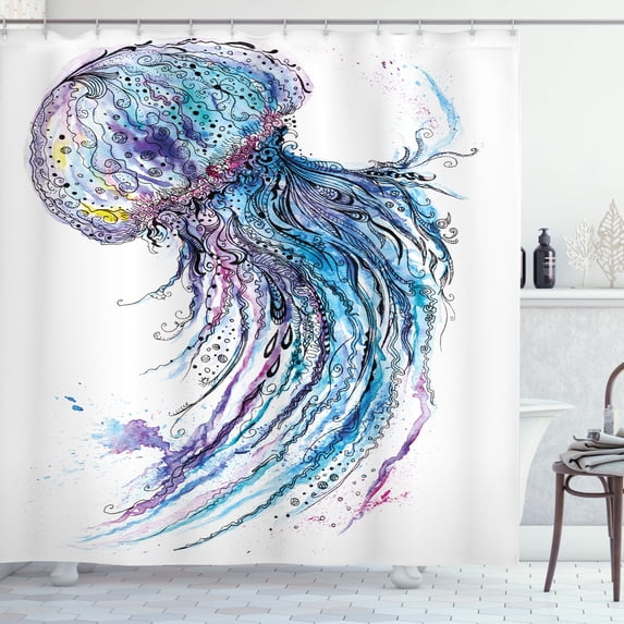 Jellyfish Shower Curtain, Aqua Colors Art Ocean Animal Print Sketch Style Creative Sea Marine Theme, Fabric Bathroom Set with Hooks, 69W X 70L Inches, Blue Purple White, by Ambesonne