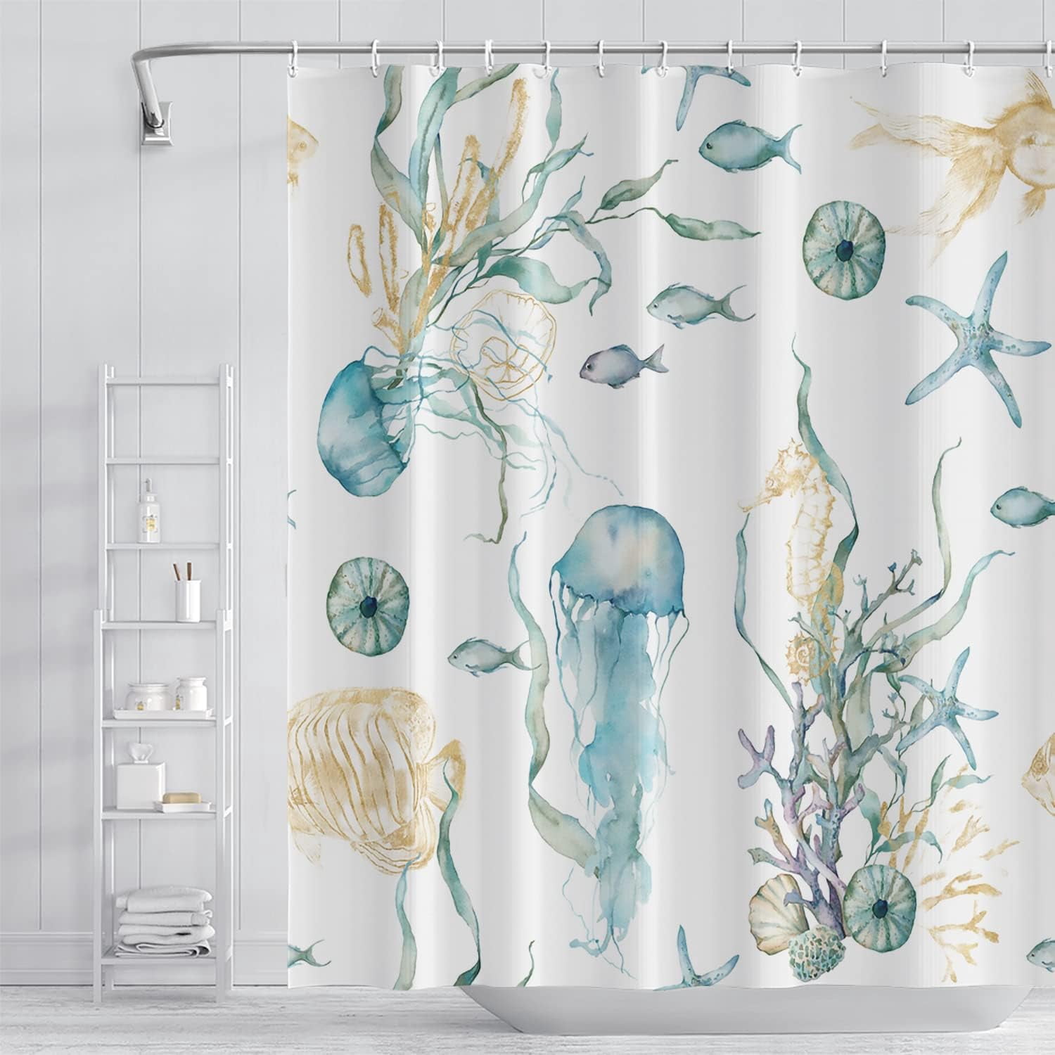 Jellyfish Shower Curtain - Blue Ocean Underwater Scene Bathroom Decor, Watercolor Tropical Fish & Coral Design