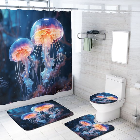 Jellyfish Shower Curtain Sets with Non-Slip Rug Blue Ocean Coral Magic Underwater World Bathroom Decor Bath Curtain with Rugs Toilet Lid Cover Bath Mat, 72x72 Inch