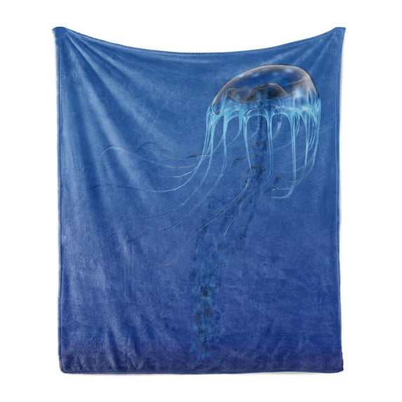 Jellyfish Soft Flannel Fleece Blanket, Blue Spotted Jelly Fish Aquarium Life Marine Animals Ocean Predator in the Deep Water, Cozy Plush for Indoor and Outdoor Use, 60" x 80", Blue, by Ambesonne