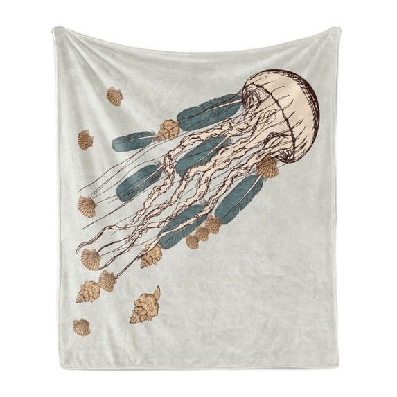 Jellyfish Soft Flannel Fleece Blanket, Boho Feather Tentacles Shells Vintage Art Print Under the Sea Tribal Fish, Cozy Plush for Indoor and Outdoor Use, 50" x 70", Grey Beige Brown, by Ambesonne