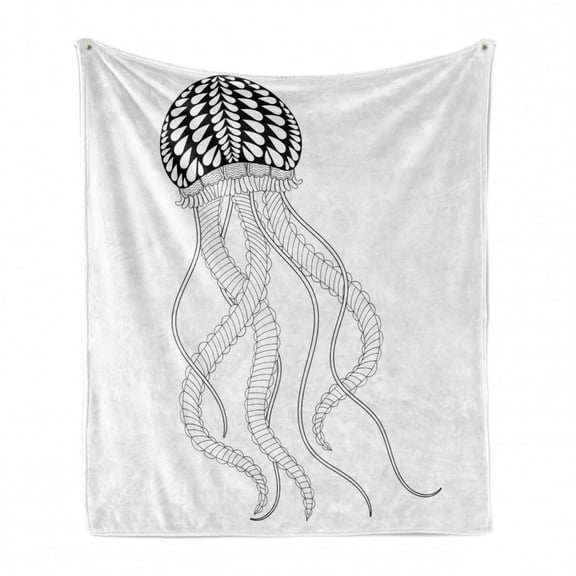 Jellyfish Soft Flannel Fleece Blanket, Image of a Monochromatic Design Underwater Creature on a Plain Backdrop, Cozy Plush for Indoor and Outdoor Use, 50" x 70", Charcoal Grey White, by Ambesonne