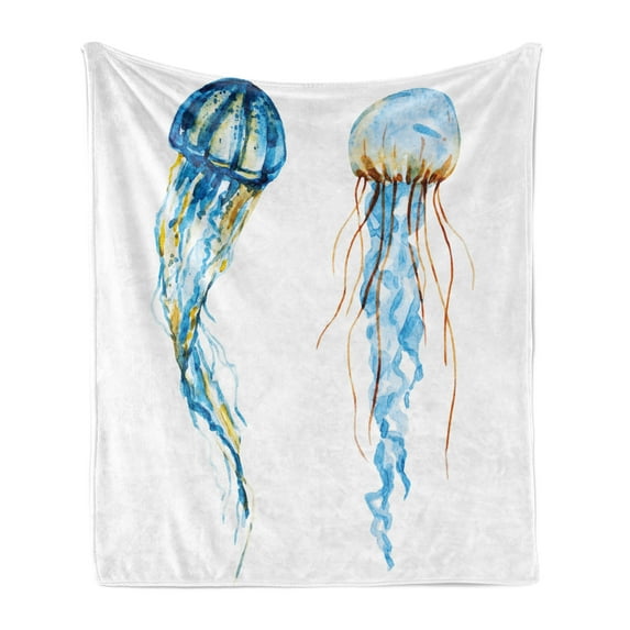 Jellyfish Soft Flannel Fleece Throw Blanket, Jellyfish Exotic Sea Ocean Creature Aquatic Animals Watercolor Raster Graphic, Cozy Plush for Indoor and Outdoor Use, 60" x 80", Blue, by Ambesonne