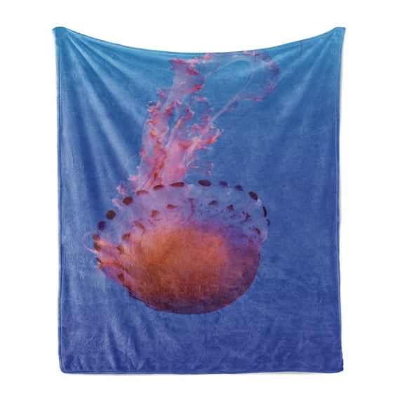 Jellyfish Soft Flannel Fleece Throw Blanket, Incredible Alive Organism Underwater Closeup Photo Ombre, Cozy Plush for Indoor and Outdoor Use, 50" x 60", Blue Azure Blue, by Ambesonne