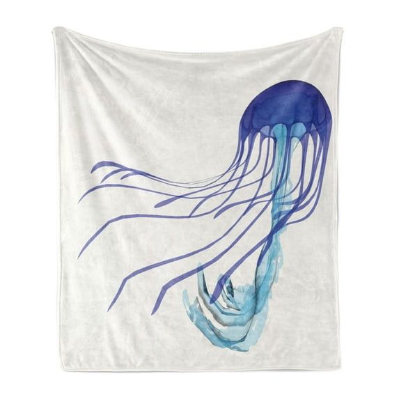 Jellyfish Soft Flannel Fleece Throw Blanket, Pattern of Aquatic Animal Poisonous Tentacles Floating Away, Cozy Plush for Indoor and Outdoor Use, 50" x 70", Off White Persian Blue, by Ambesonne