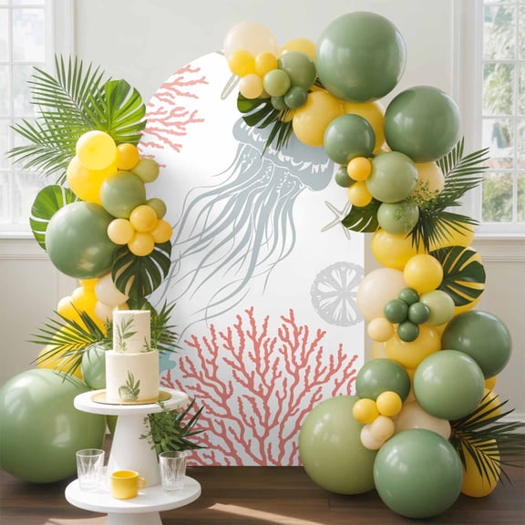 Jellyfish Starfish Arch Backdrop Cover, 5FT, Orange Coral Coastal Ocean Spandex Arch Covers Double-Sided Backdrop for Wedding Birthday Party Photo Background Decoration