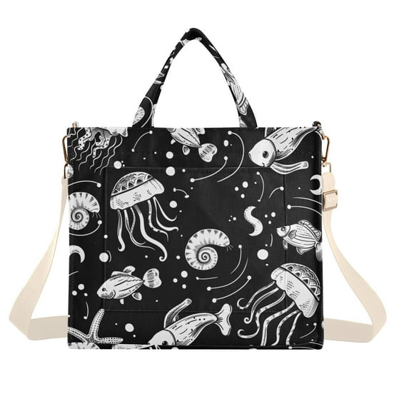 Jellyfish Starfish Conches Corduroy Tote Bag Handbag Large Messenger Bag Shoulder Crossbody Zipper Bag Purse