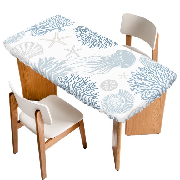 Jellyfish Starfish Fitted Rectangle Tablecloth 24" x 36" Blue Coral Conch Summer Coastal Ocean Elastic Table Cloth Fits for 3 Foot Folding Tables Waterproof Table Cover for Picnic Camping Outdoor