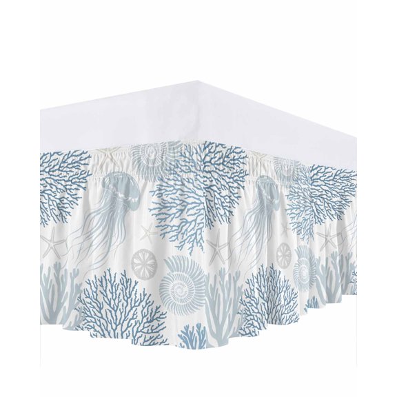 Jellyfish Starfish Ruffle Bed Skirt Queen Size Blue Coral Conch Adjustable Elastic Dust Bed Skirts Wrap Around Bedskirt Wrinkle Free Easy Fit with 16 Inch Drop
