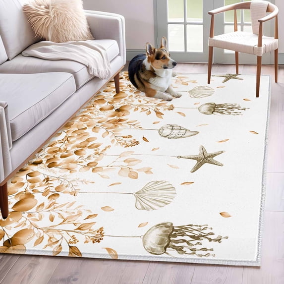 Jellyfish Starfish Shells 4x6 Area Rugs for Living Room, Orange Leaf Summer Ocean Non Slip Floor Mat Washable Low-Profile Indoor Carpet for Bedroom, Dining Room, Bathroom