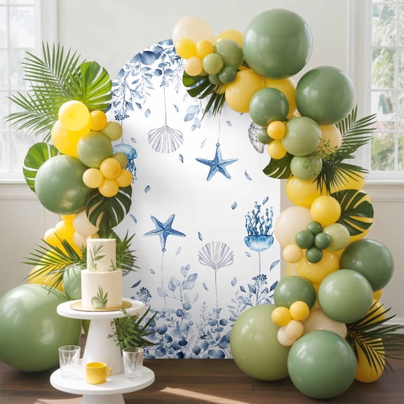Jellyfish Starfish Shells Arch Backdrop Cover, 6FT, Blue Leaf Summer Ocean Spandex Arch Covers Double-Sided Backdrop for Wedding Birthday Party Photo Background Decoration