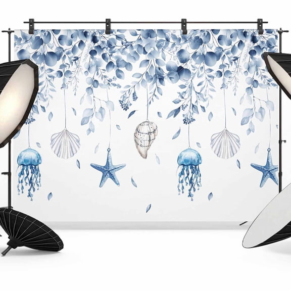Jellyfish Starfish Shells Backdrop for Photography, Blue Leaf Summer Ocean Photo Backdrop Portrait Background Party Banner Photo Backgrounds for Studio Booth Props, 8x6ft