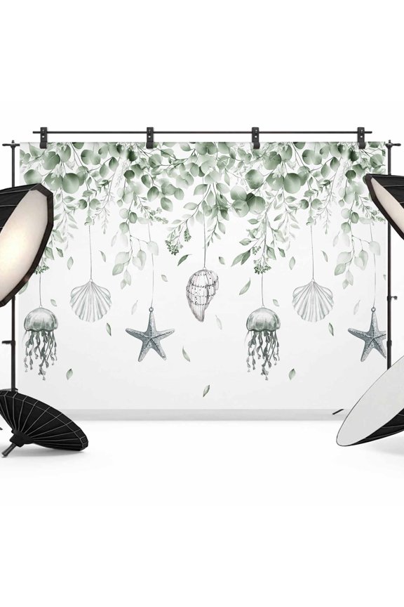 Jellyfish Starfish Shells Backdrop for Photography, Sage Green Leaf Summer Ocean Photo Backdrop Portrait Background Party Banner Photo Backgrounds for Studio Booth Props, 7x5ft