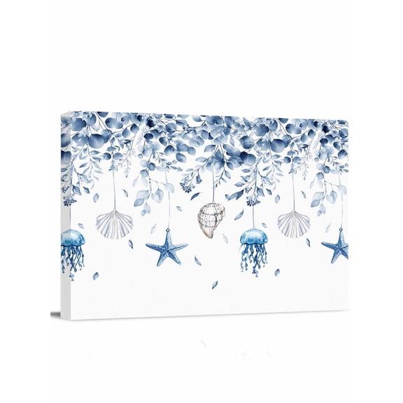 Jellyfish Starfish Shells Canvas Print Wall Art Blue Leaf Summer Ocean Pictures Painting Morden Artwork for Living Room Bedroom, Ready to Hang - 12"x16"