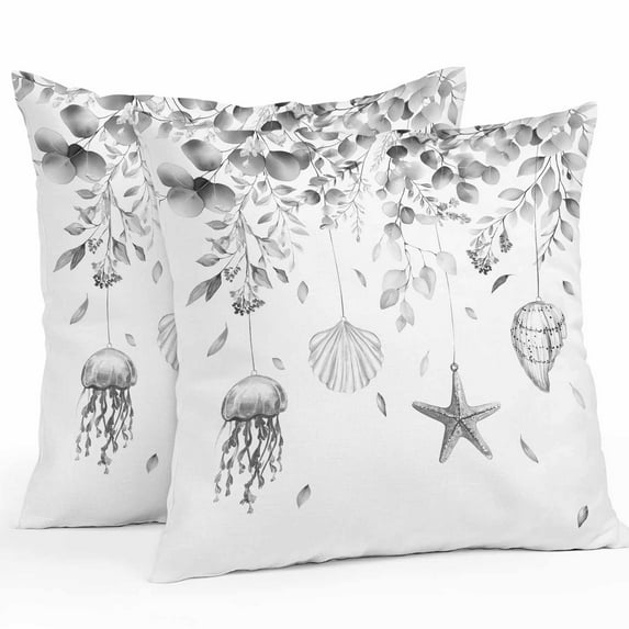 Jellyfish Starfish Shells Outdoor Pillow Covers Pack of 2 Gray Leaf Summer Ocean Waterproof Throw Pillow Covers Decorative Cushion Cases for Patio Garden Tent Balcony Couch 16x16 inch