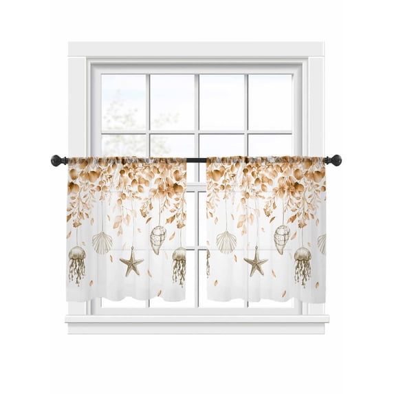 Jellyfish Starfish Shells Sheer Curtains 45 Inch Long 2 Panels, Orange Leaf Summer Ocean Light Filtering Rod Pocket Curtains, Sheer Voile Drapes for Living Room Bedroom, 52"x45"