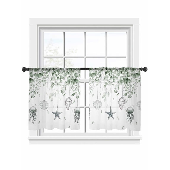 Jellyfish Starfish Shells Sheer Curtains 54 Inch Long 2 Panels, Sage Green Leaf Summer Ocean Light Filtering Rod Pocket Curtains, Sheer Voile Drapes for Living Room Bedroom, 52"x54"