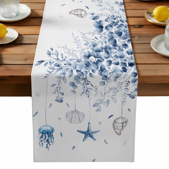 Jellyfish Starfish Shells Table Runner, Blue Leaf Kitchen Table Runners Dress Scarves for Table Decorations Party/Restaurant/Indoor Outdoor Use, 13x90in