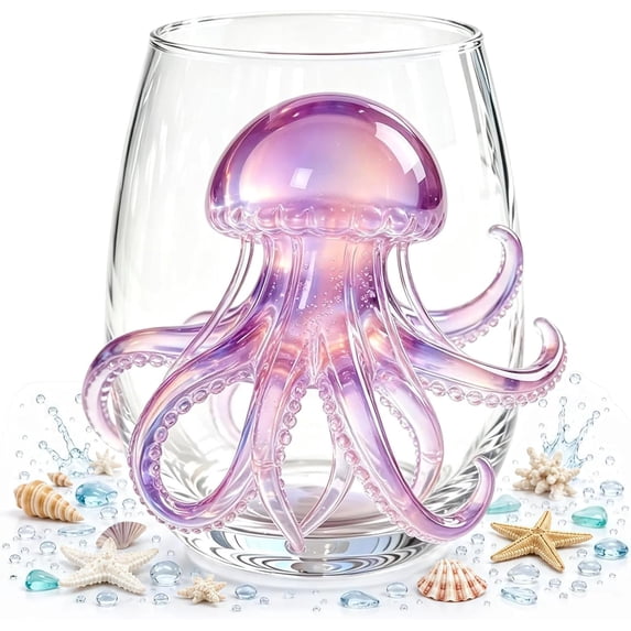 Jellyfish Stemless Wine Glass, Marine Animal Tumbler, Ocean Inspired Drinkware, for Water Cocktail, Beach House Nautical Decor