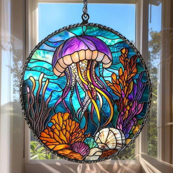 Jellyfish Suncatcher, Faux Stained Glass Ocean Window Hanging with Coral Reef & Shells, Coastal Gift for Sea Lovers