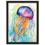 Jellyfish Swimming Folk Art Watercolour Painting Artwork Framed Wall Art Print A4