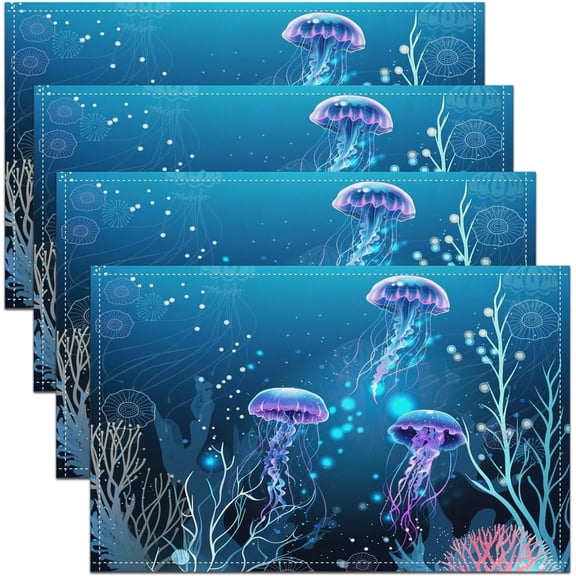 Jellyfish Table Mats 12x18 Ocean Nautical Placemats Set of 4 Hawaii Beach Place Mats Sea Animal Coral Underwater World Oasis Placemats Blue Non Slip
