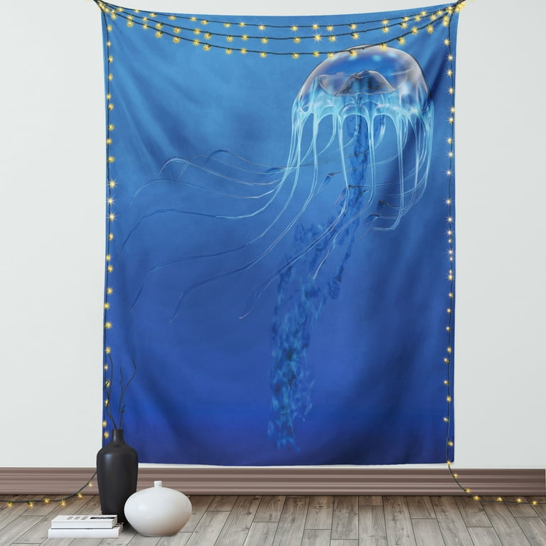 Jellyfish Tapestry, Blue Spotted Jelly Fish Aquarium Life Marine Animals  Ocean Predator in the Deep Water, Wall Hanging for Bedroom Living Room Dorm  Decor, 40W X 60L Inches, Blue, by Ambesonne 